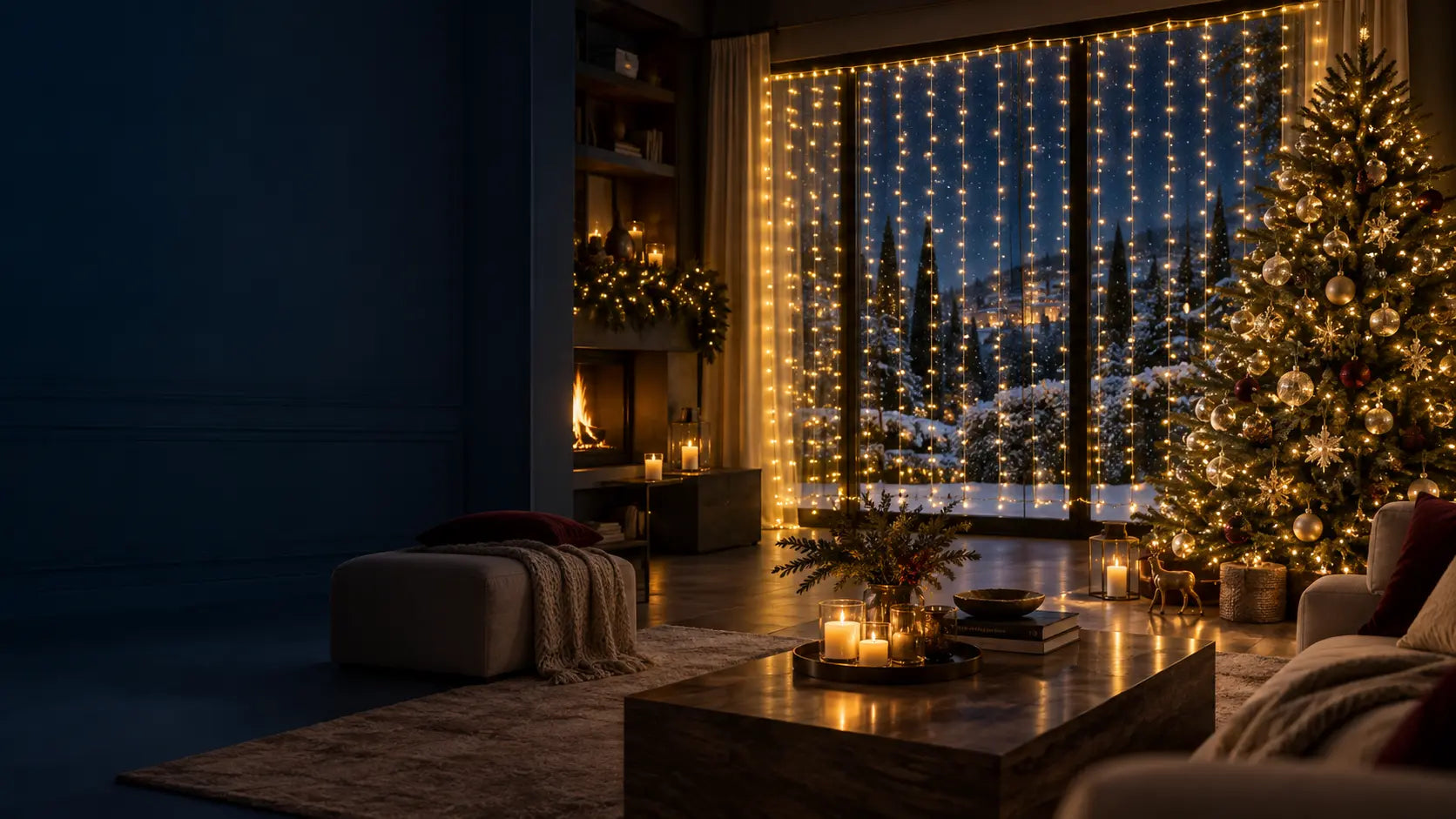 Salotto natalizio illuminato con luci a cascata