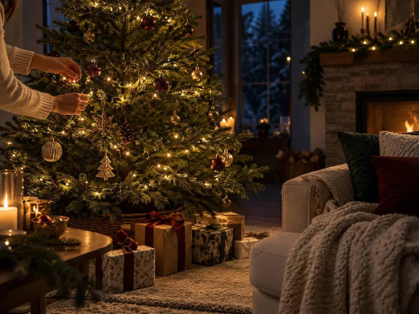 Preparazione dell’albero di Natale con luci calde